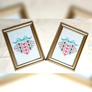 Handmade Cross Stitched Heart Picture Set NWT